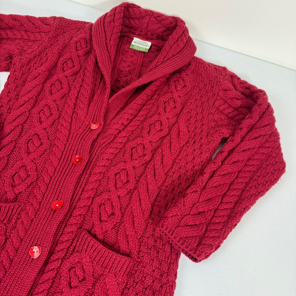 Shannon Woolen Mills Red Merino Wool Aran Cable Knit Cardigan Heart Buttons M